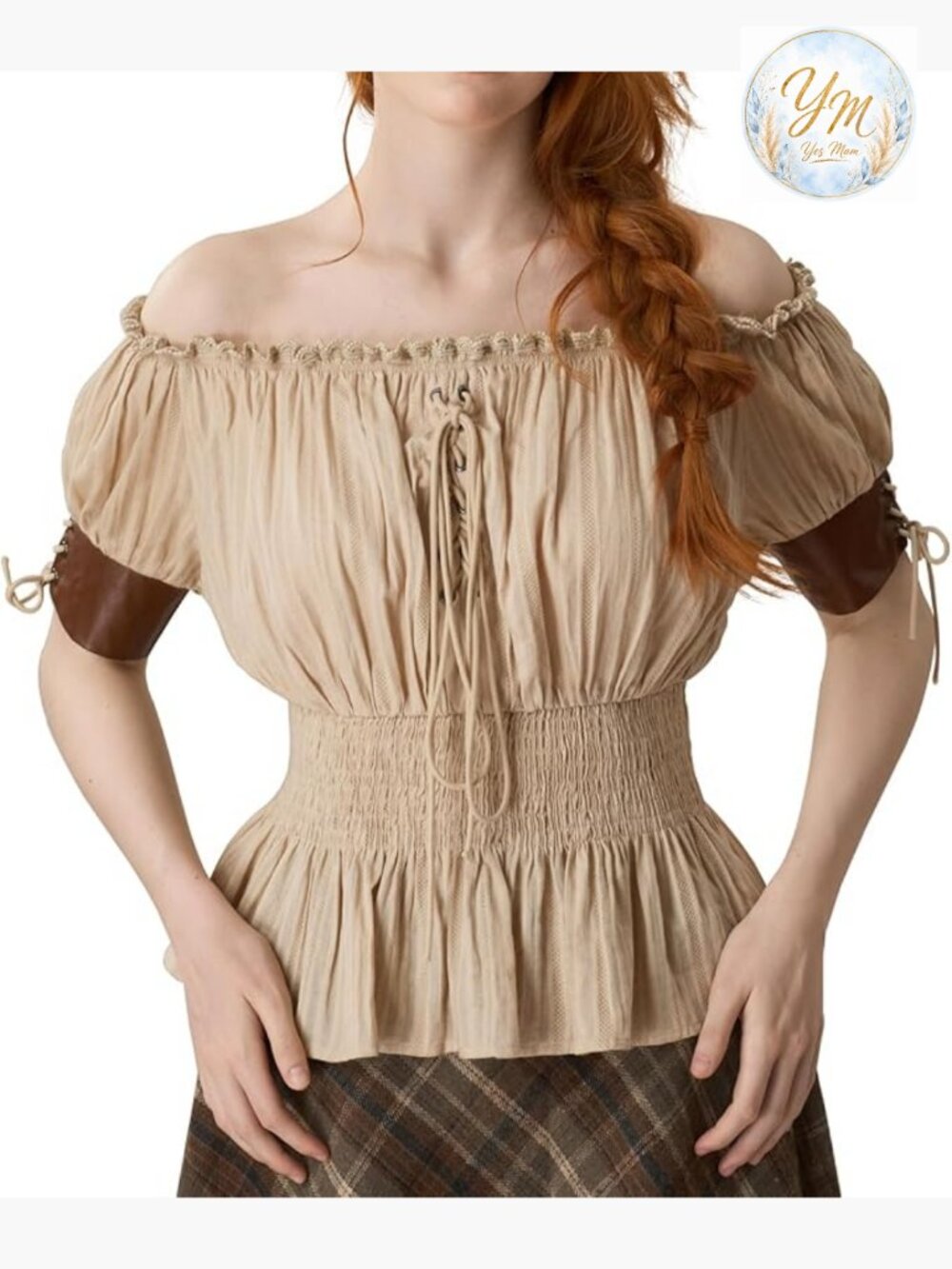 Renaissance Off Shoulder Peasant Blouse Smocked Short Sleeve Costume Top